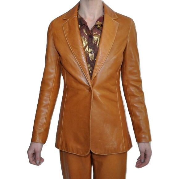 Pre-Owned Cache Single Button Front Genuine Leather Jacket British Tan/Brown 2 - Picture 1 of 6